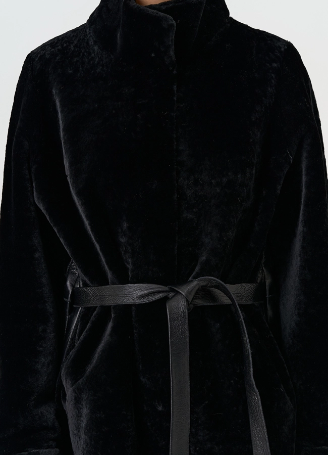 Женская двухсторонняя дубленка с поясом модель № 32198 универмаг малина