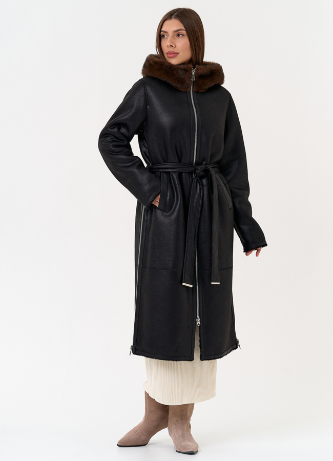 Женская дубленка из эко замши с поясом модель № 31432 меха малина