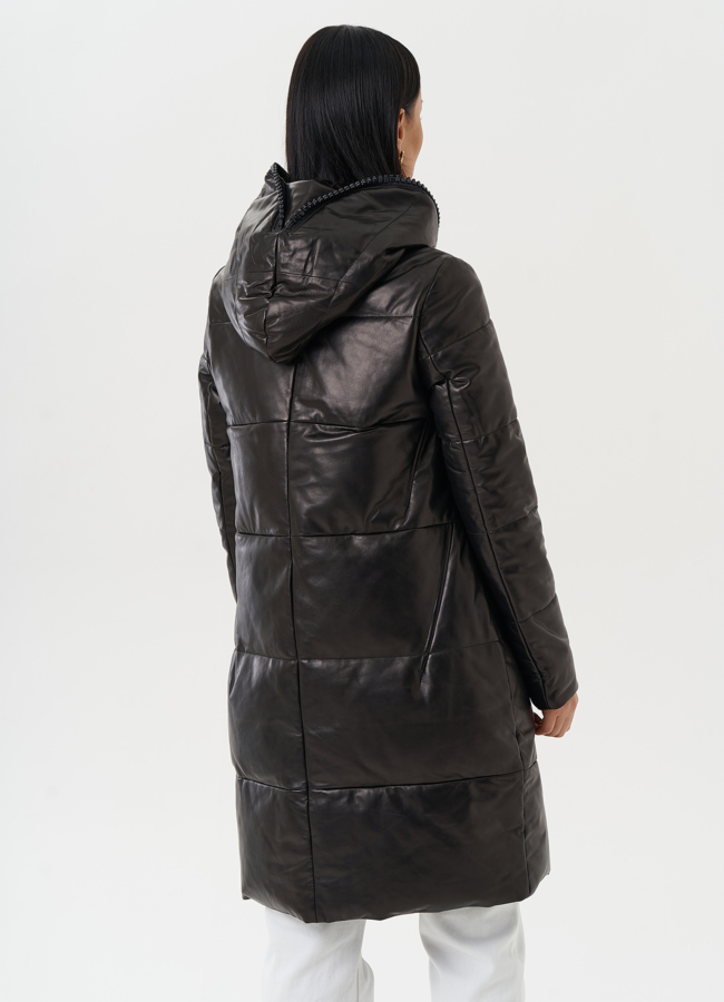 Кожаный пуховик с капюшоном модель № 15013 универмаг малина