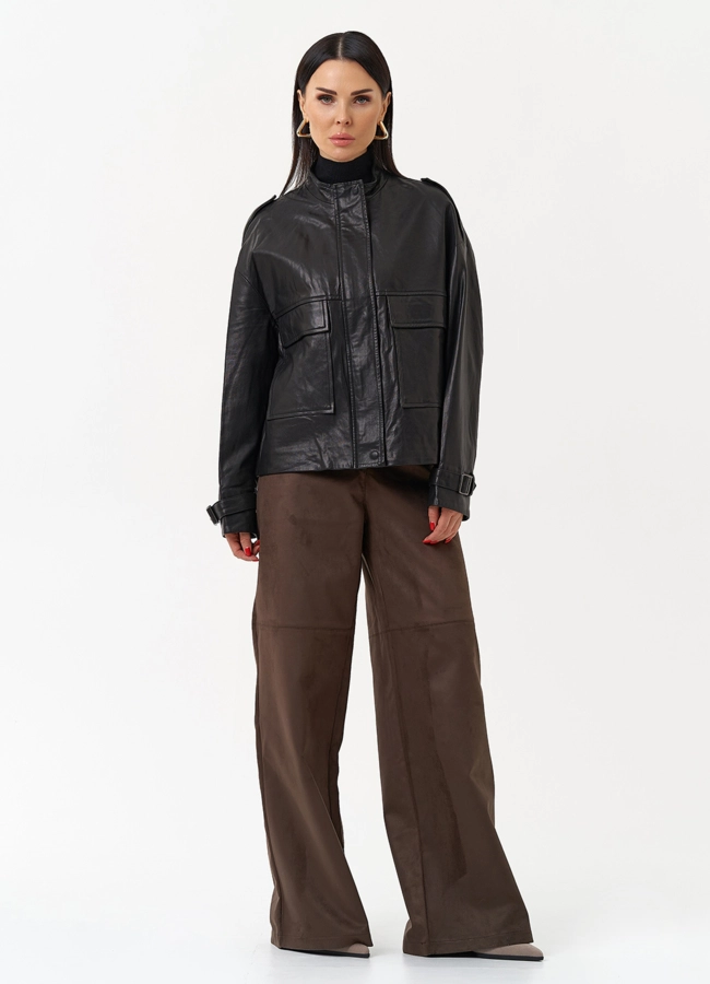 Женская куртка-рубашка из натуральной кожи  прямого силуэта модель № 22338 универмаг малина