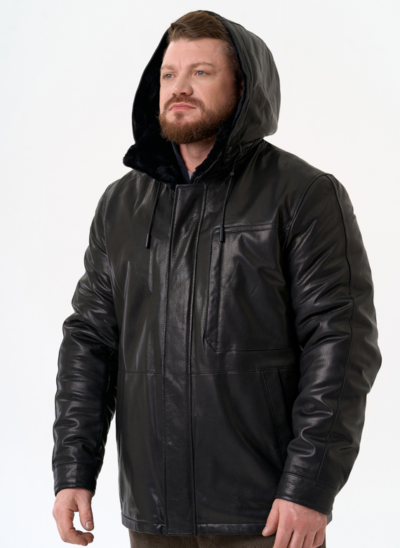 Мужская дубленка черного цвета с капюшоном