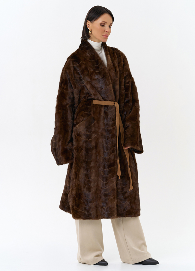 Шуба из меха норки с поясом модель № 31184 универмаг малина