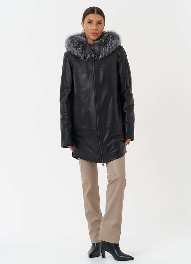 Утепленное полупальто из натуральной кожи с капюшоном  модель № 20201 универмаг малина