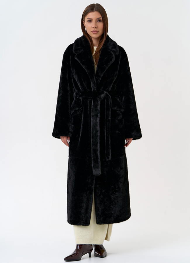 Длинное женское пальто из эко меха с английским воротником модель № 31220 меха малина