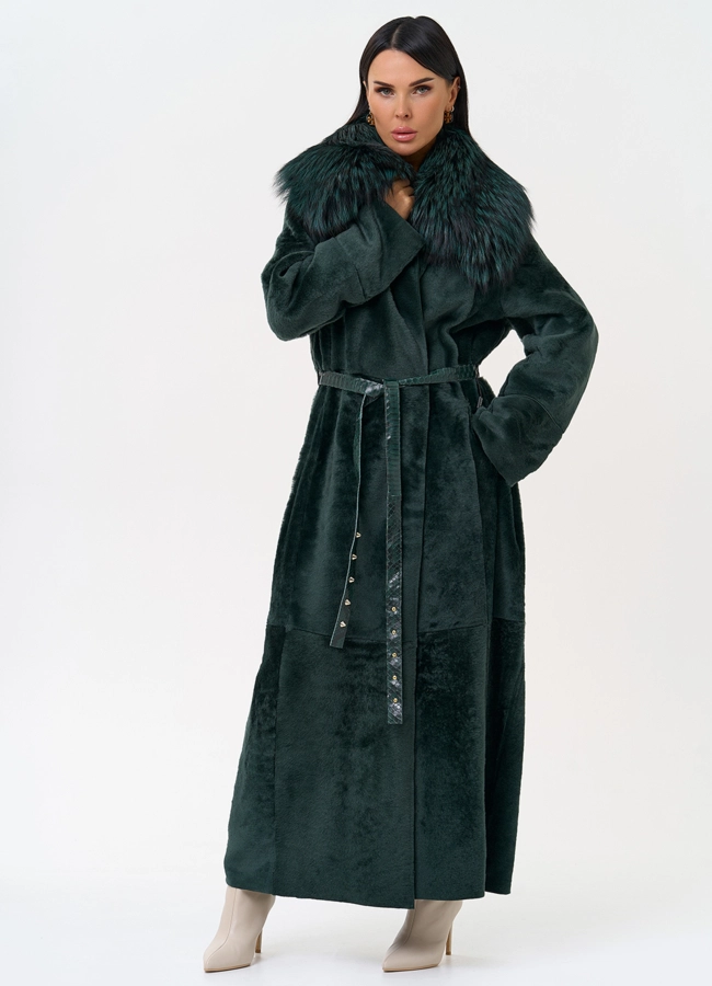 Женская двусторонняя дубленка из меха овчины Cortos с поясом из кожи питона модель № 31400 универмаг малина