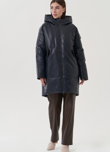 Женский пуховик синего цвета из эко кожи Женский пуховик синего цвета из эко кожи