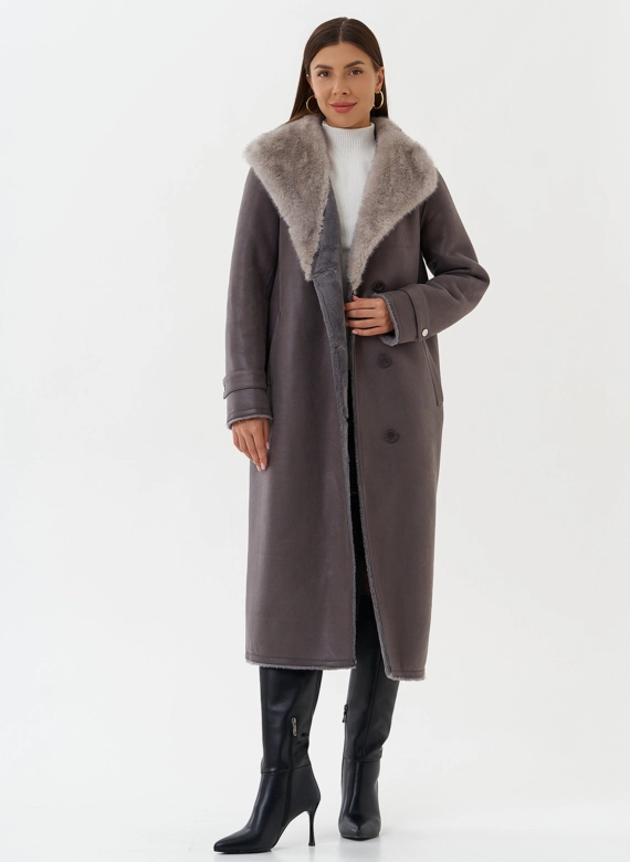 Длинная дубленка из эко кожи с воротником шаль