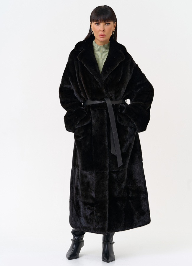 Длинная шуба из меха норки blackglama с поясом модель № 31636 универмаг малина