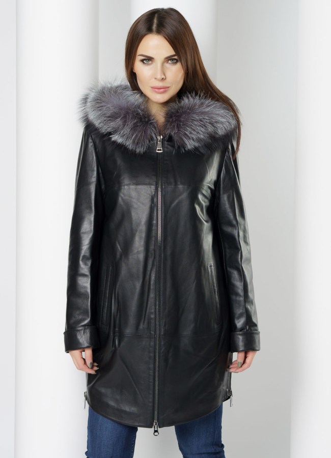 фото Утепленное полупальто из натуральной кожи с капюшоном  модель № 20201