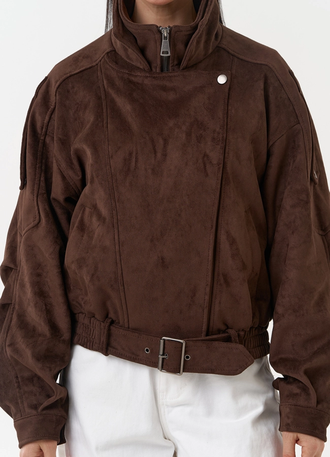 Женская куртка бомбер из эко замши коричневого цвета модель № 30446 универмаг малина