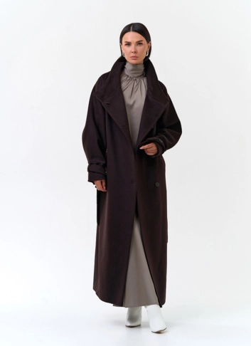 Женское длинное пальто с воротником стойкой
