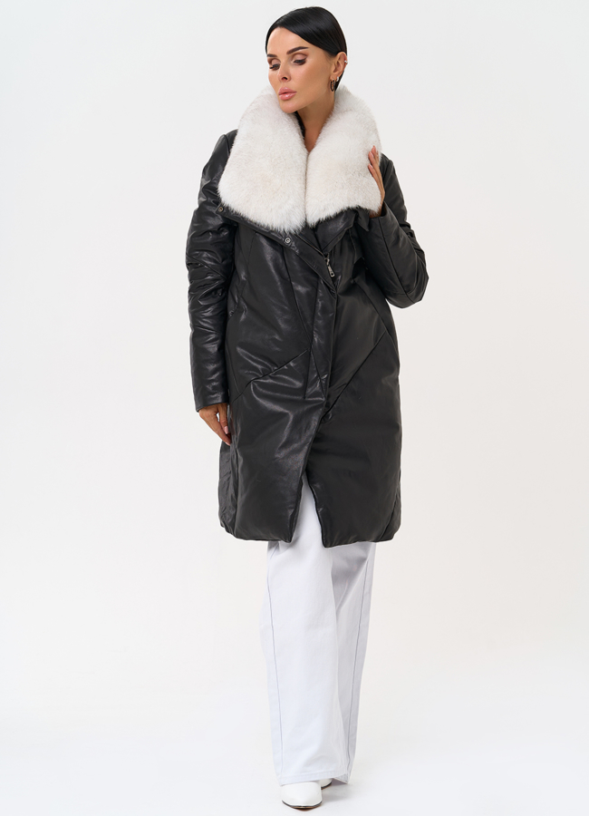 Пуховик из натуральной кожи с меховым воротником модель № 31370 универмаг малина