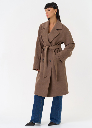 Женское двубортное пальто с поясом 