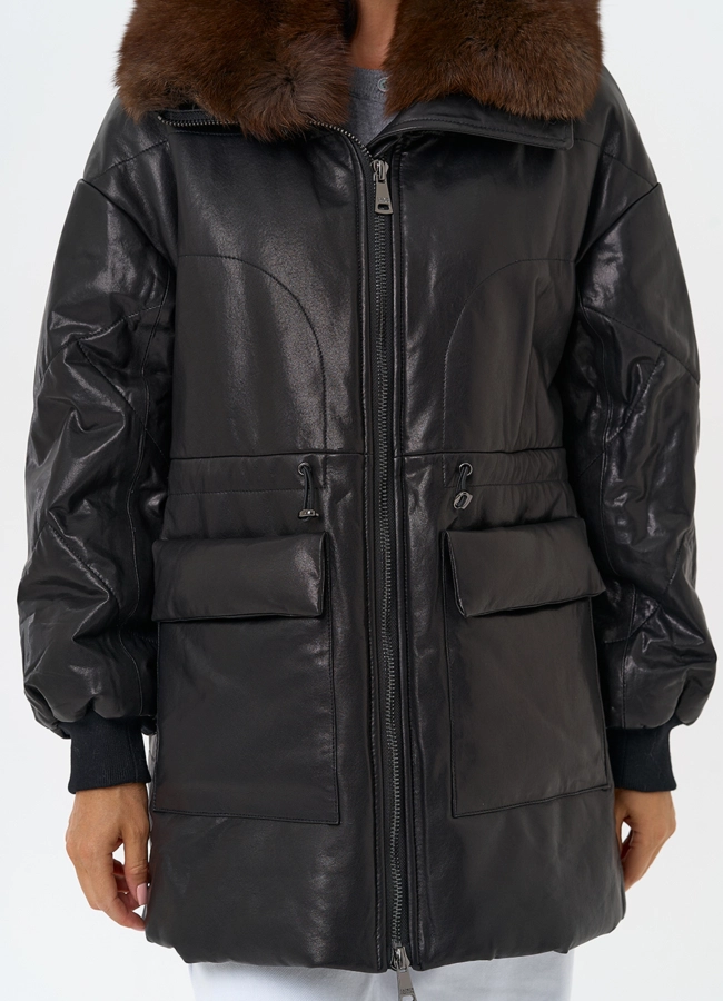 Полупальто из натуральной кожи с мехом песца модель № 21796 в рассрочку