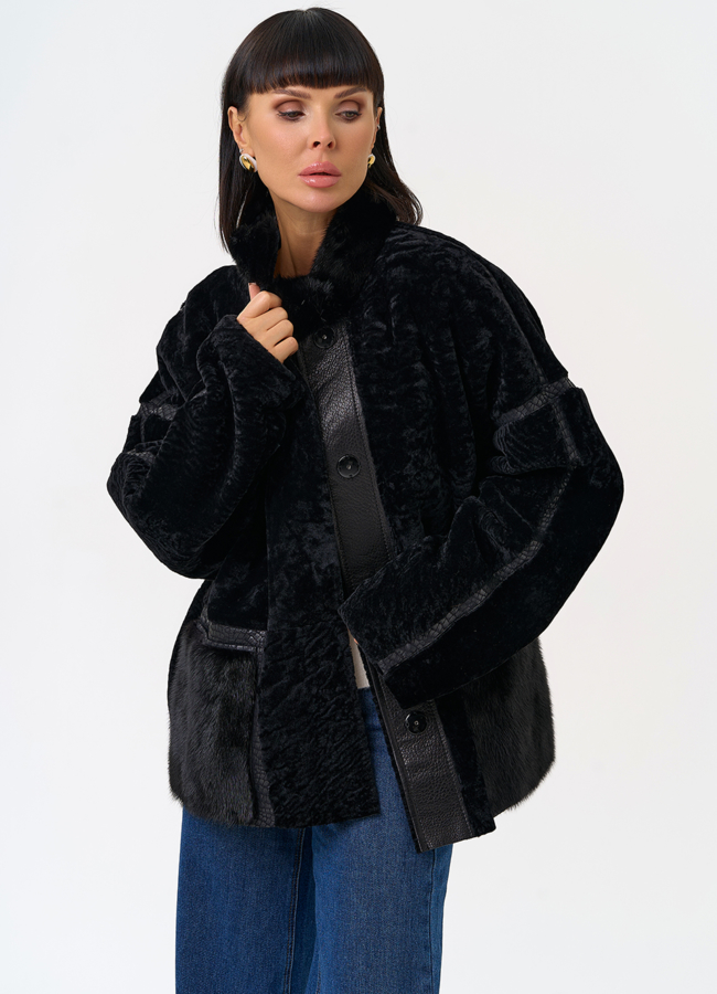 Женская двухсторонняя дубленка с воротником стойкой модель № 31480 в рассрочку