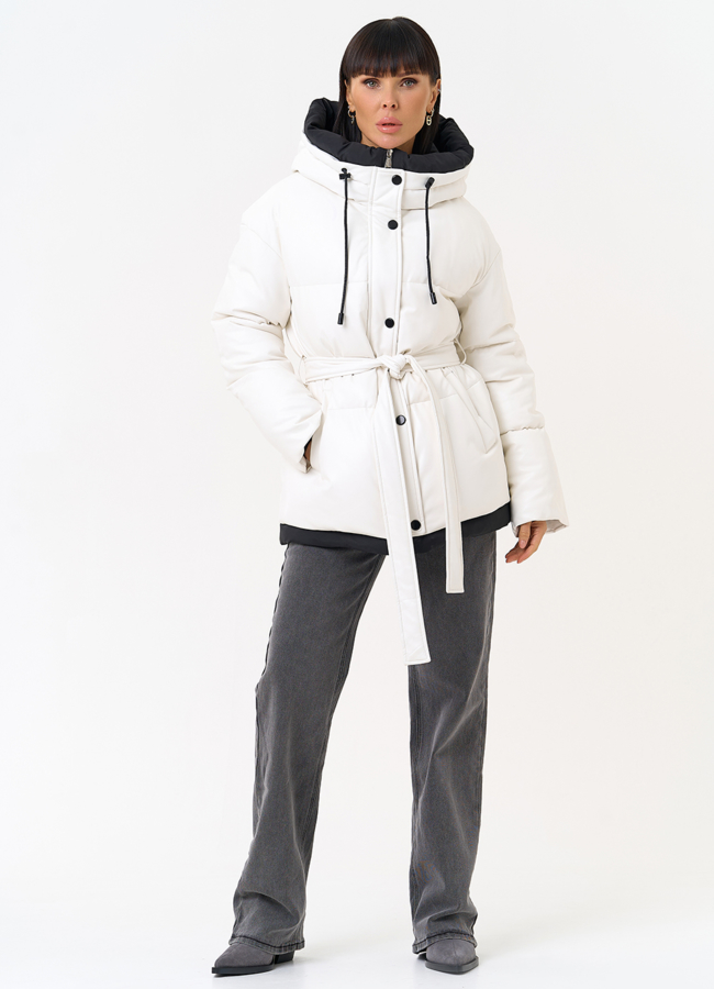 Белый пуховик из эко кожи с поясом модель № 30727 универмаг малина