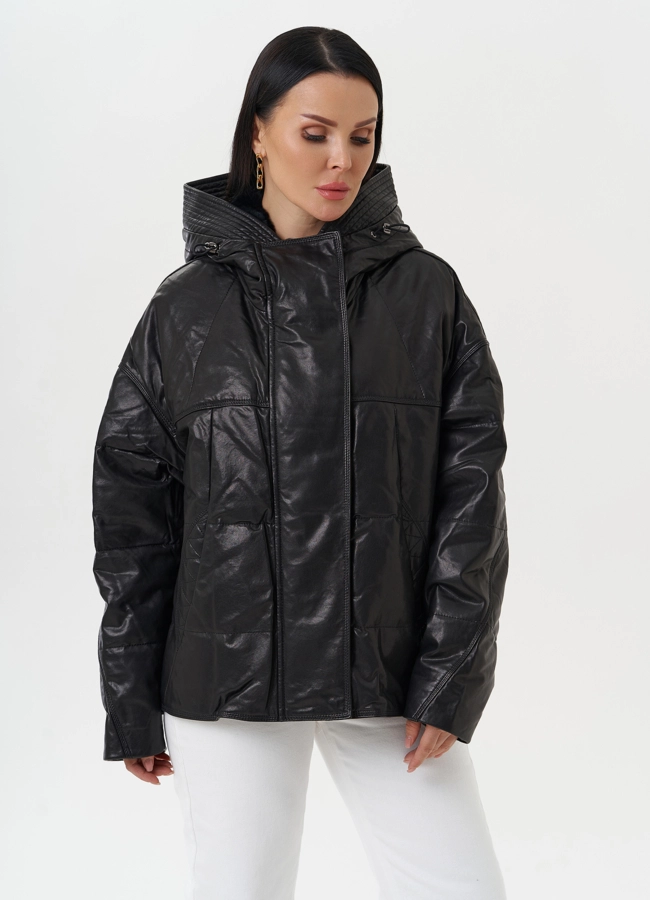 Утепленная куртка из натуральной кожи с капюшоном модель № 28111 меха малина