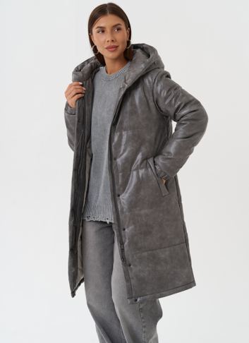 Пуховик из эко кожи с капюшоном