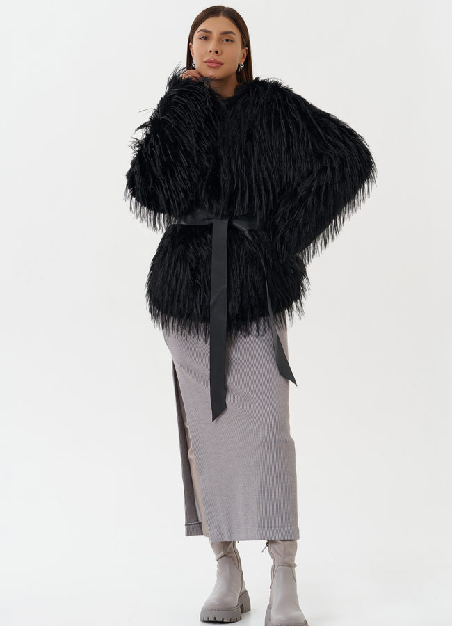 фото Женская шуба под эко страуса черного цвета модель № 27809